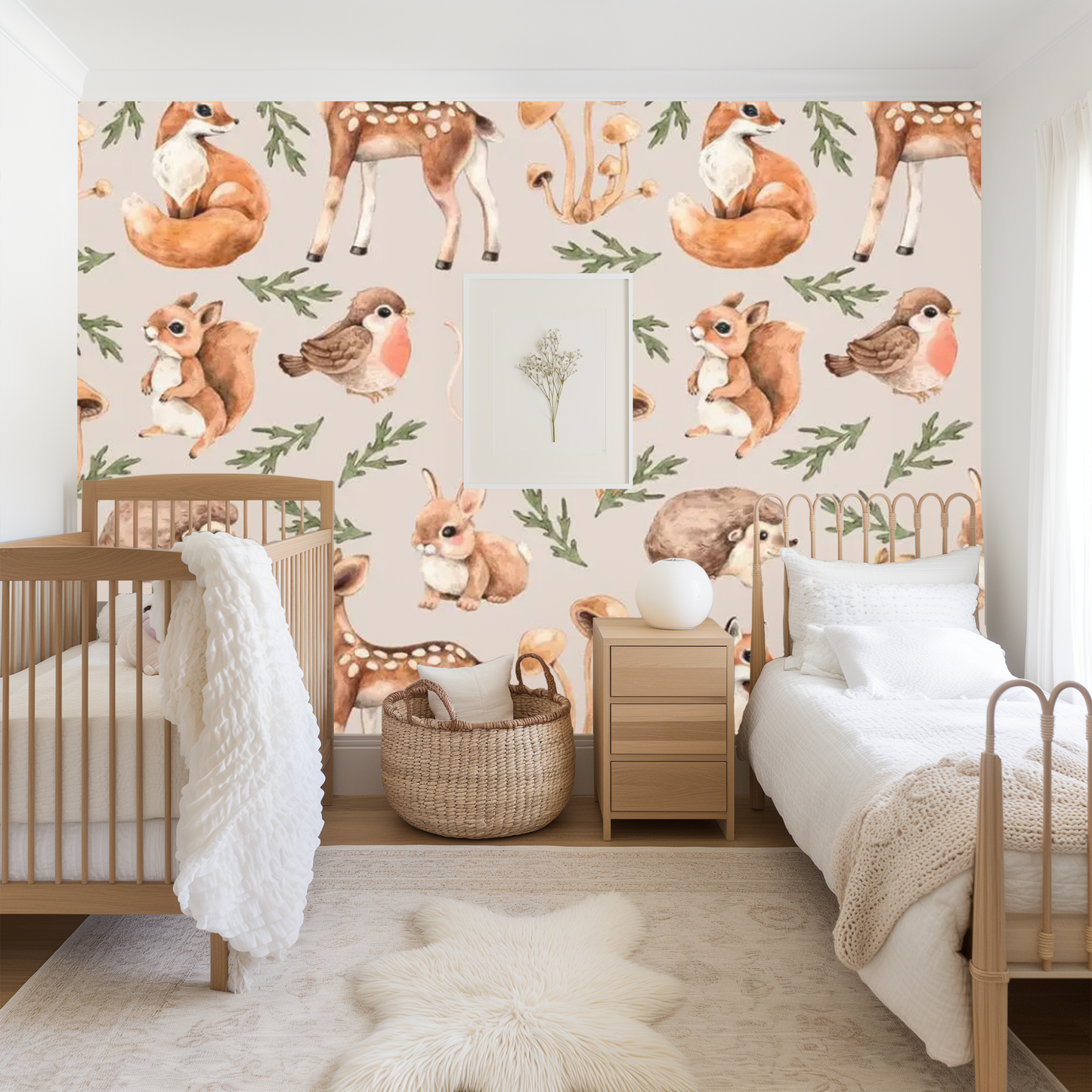 beige woodland animals mural