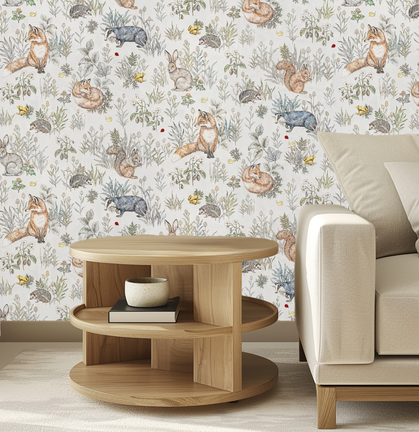 whimsical beige woodland dreams animal mural