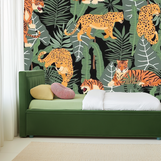 Vibrant Jungle Orange and Yellow Leopard Essence Mural