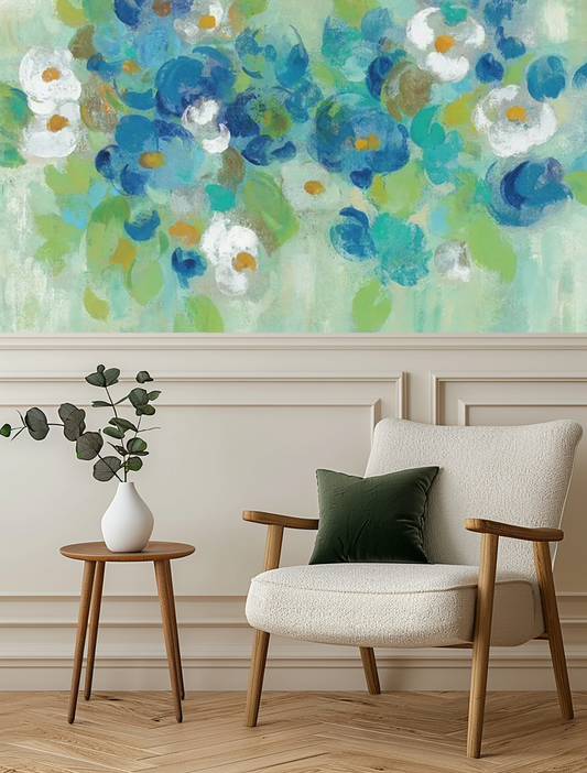 Abstract Blue Watercolour Flowers Mural