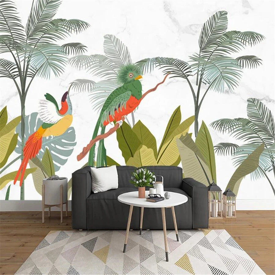 tropical birds bedroom mural