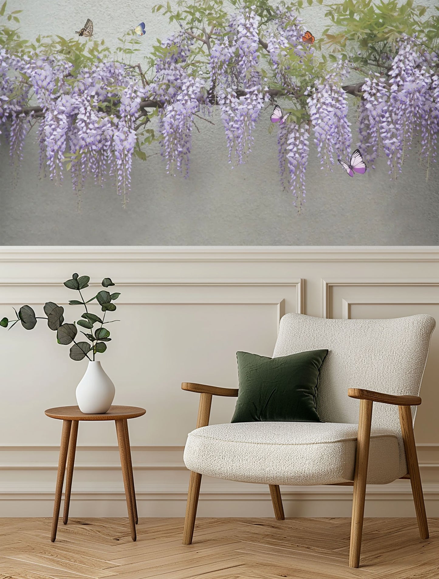 purple wisteria and butterflies mural wallpaper