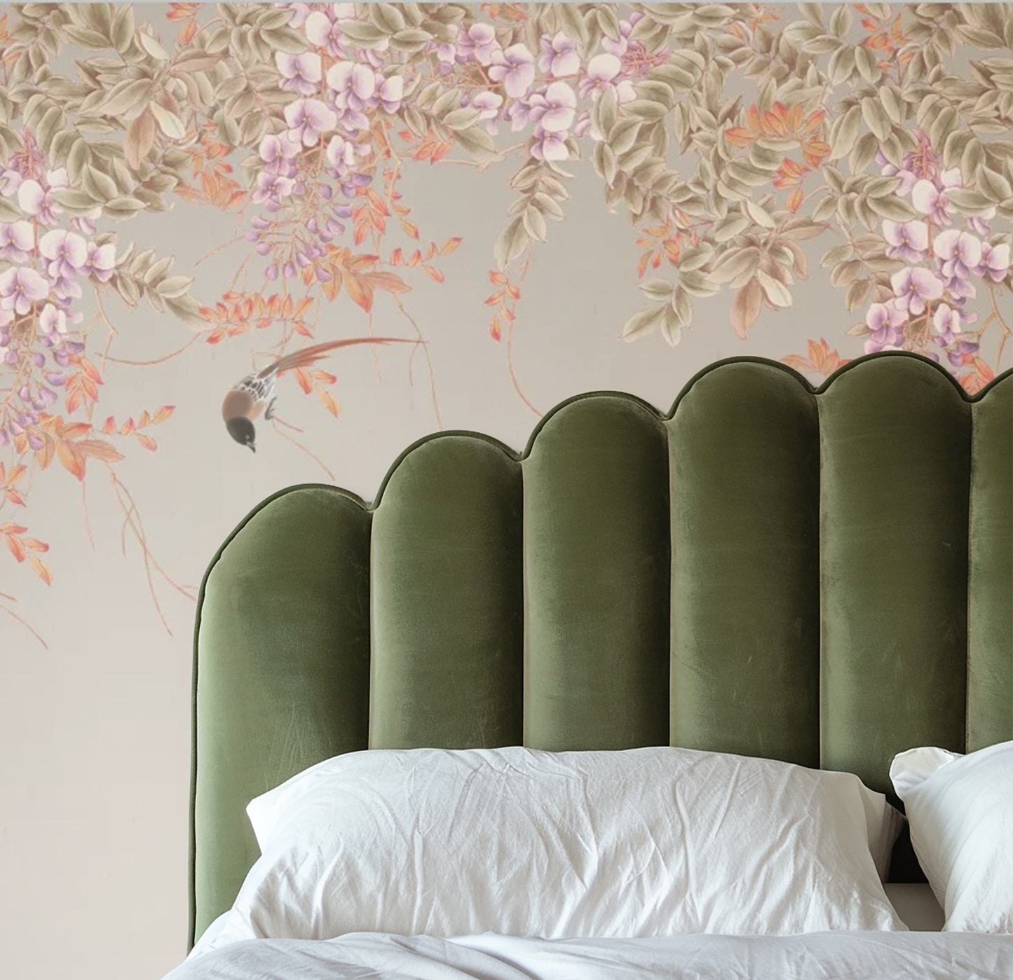 pink wisteria and birds mural wallpaper