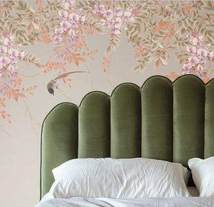 Pink Wisteria and Birds Mural Wallpaper