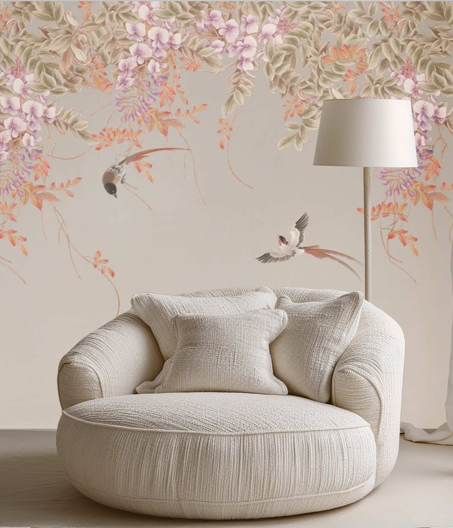 pink wisteria and birds mural wallpaper