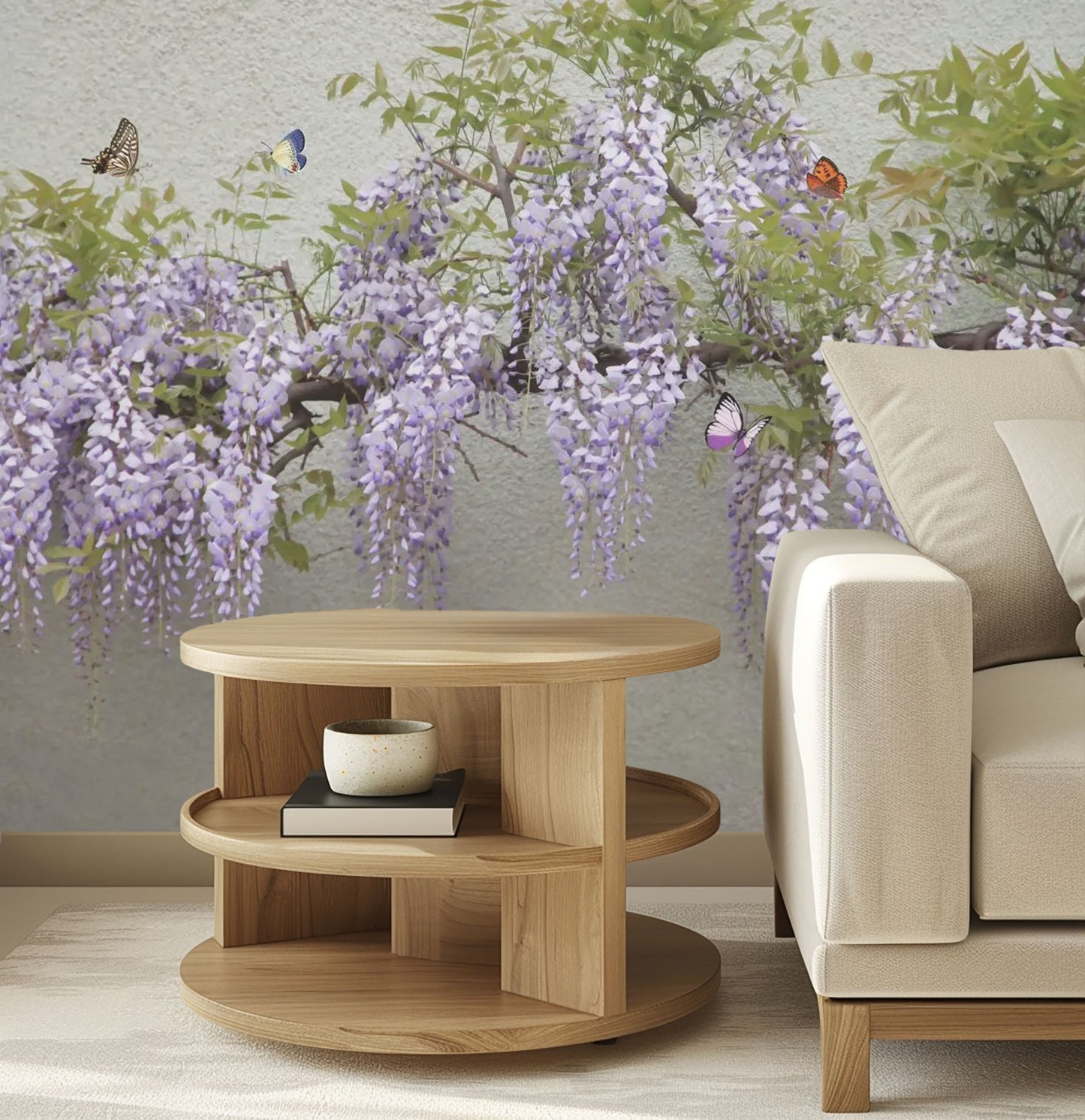 purple wisteria and butterflies mural wallpaper