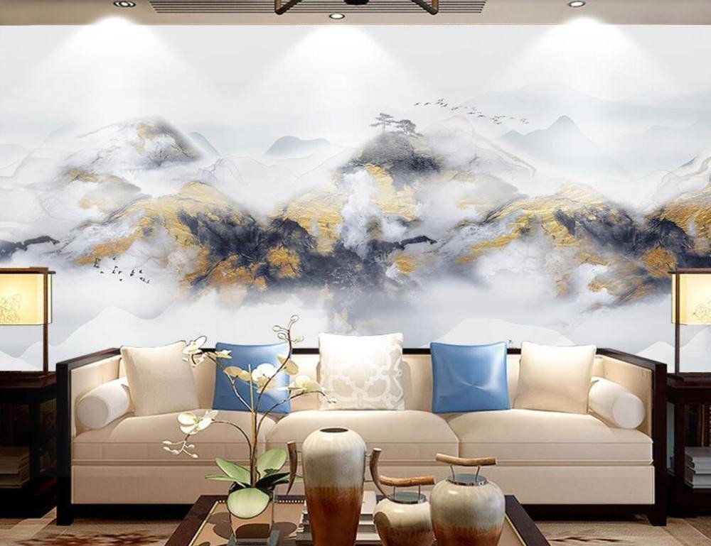 abstract blue white and gold rippled mountains mural - fervour living