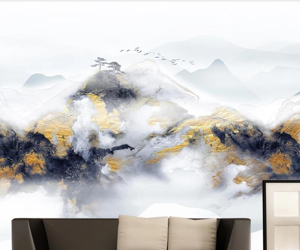 abstract blue white and gold rippled mountains mural - fervour living