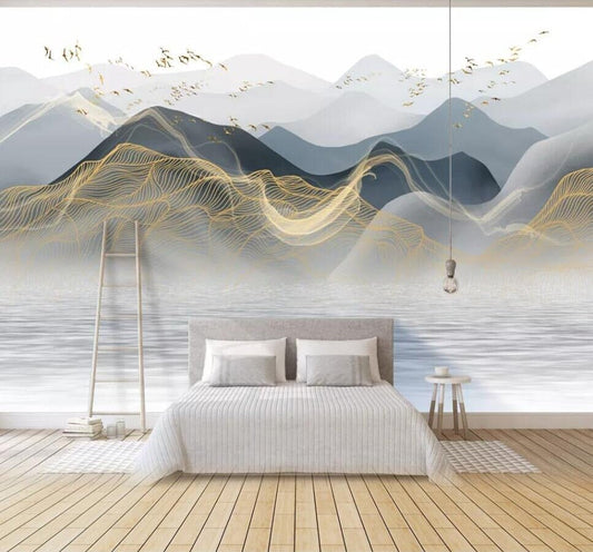 Abstract Blue and Gold Mountains Mural - Fervour Living