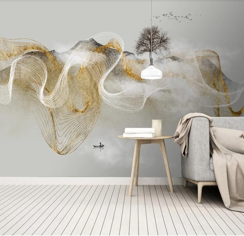 abstract white and gold zen waves mural - fervour living