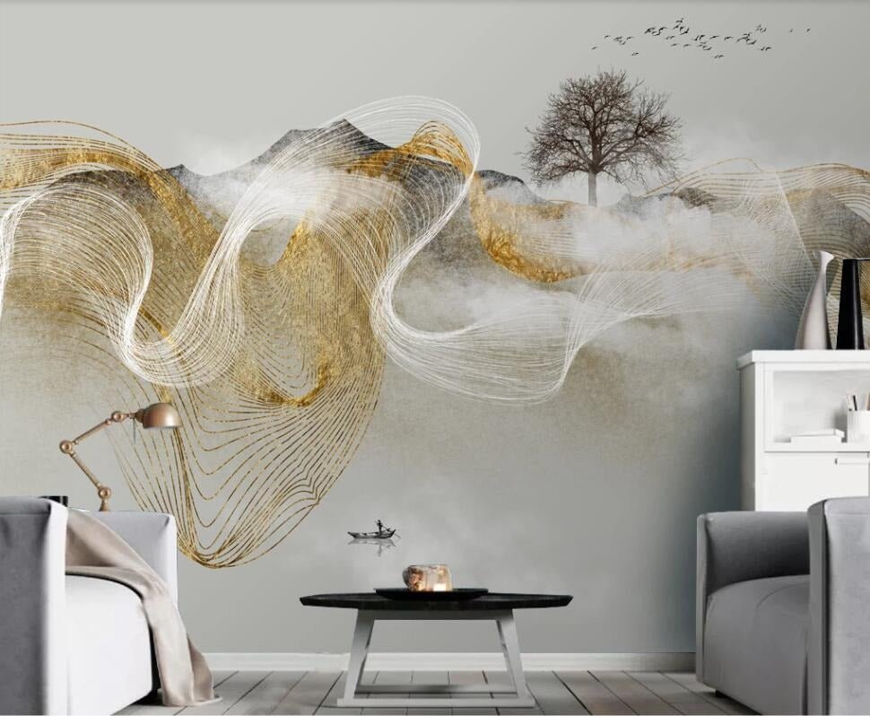 abstract white and gold zen waves mural - fervour living