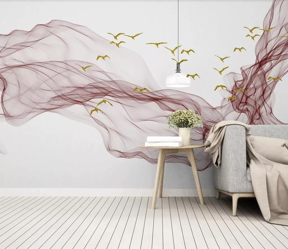 abstract pink ripples and golden seagulls mural - fervour living