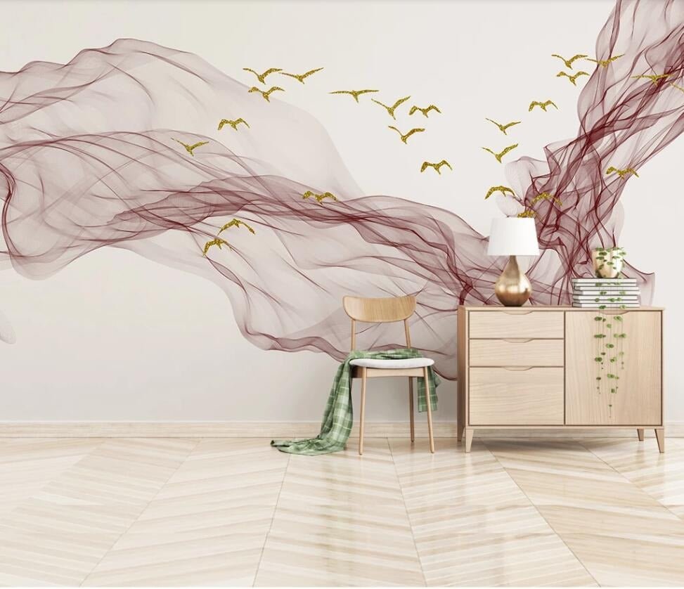 abstract pink ripples and golden seagulls mural - fervour living