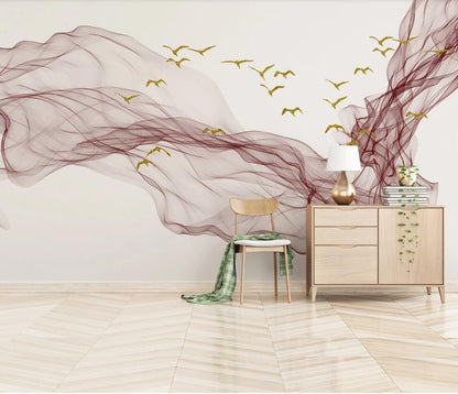 Abstract Pink Ripples and Golden Seagulls Mural - Fervour Living