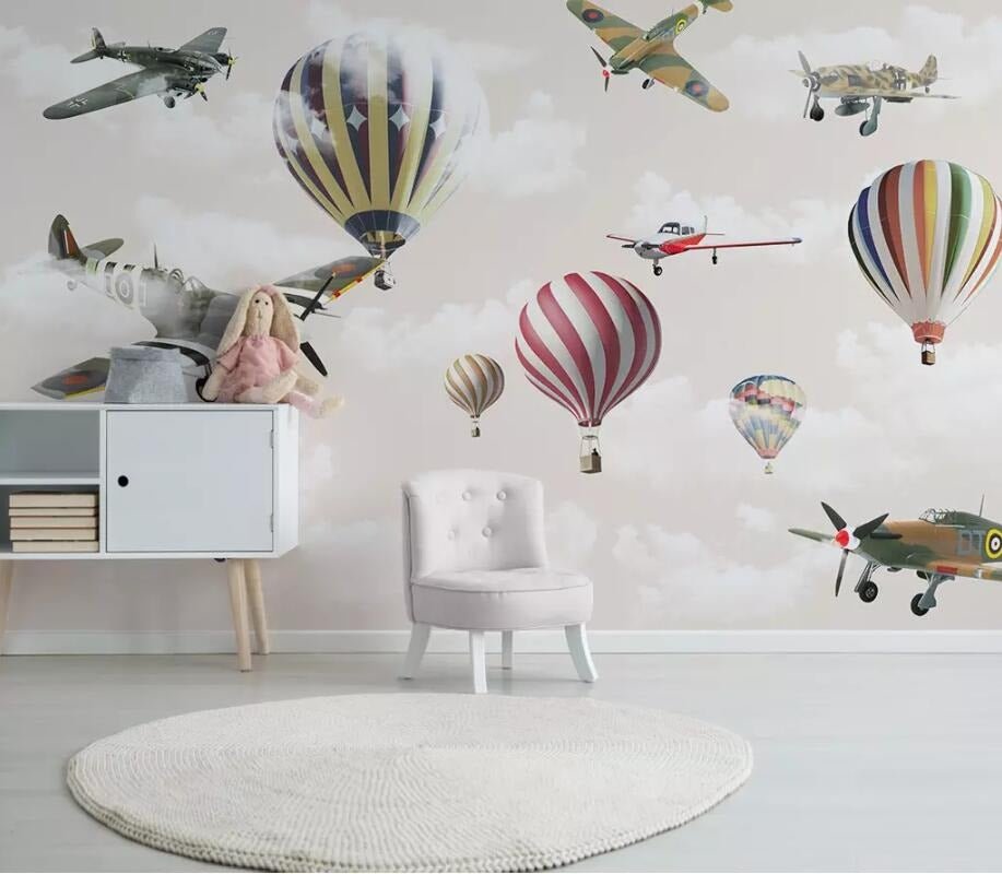 3d flying airplanes and colourful hot air balloons mural wallpaper - fervour living