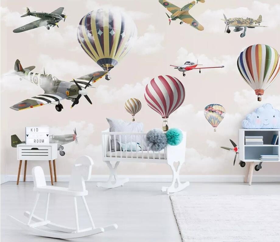 3d flying airplanes and colourful hot air balloons mural wallpaper - fervour living