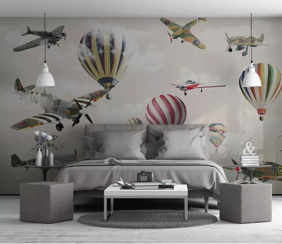 3d flying airplanes and colourful hot air balloons mural wallpaper - fervour living