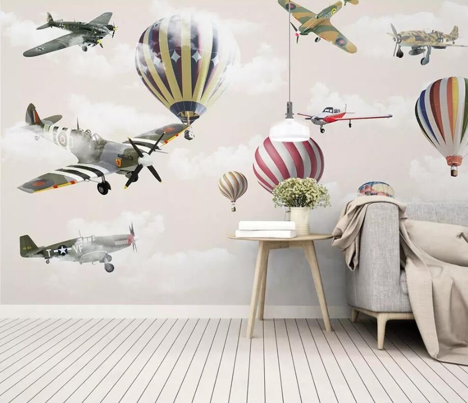 3d flying airplanes and colourful hot air balloons mural wallpaper - fervour living