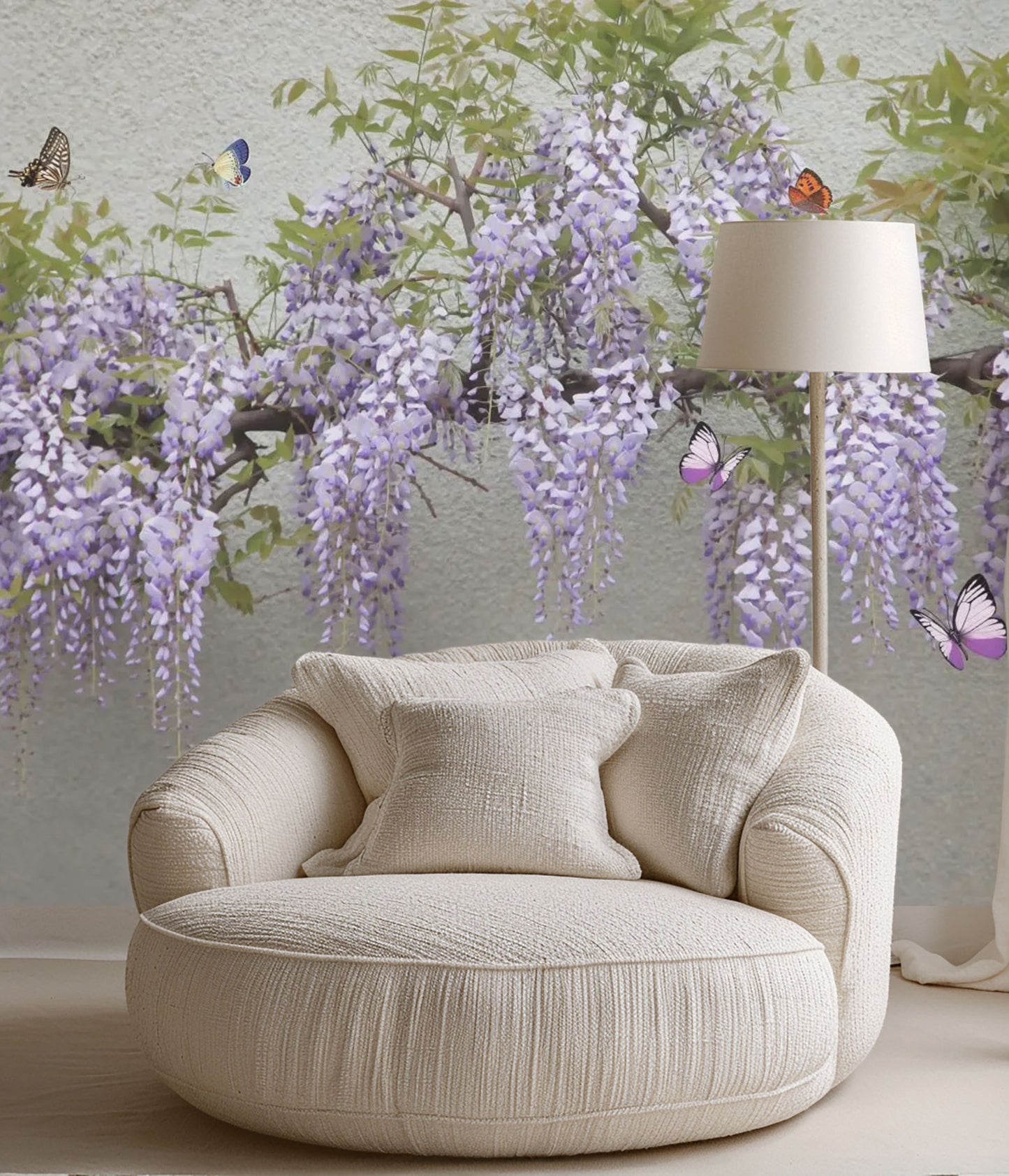 purple wisteria and butterflies mural wallpaper