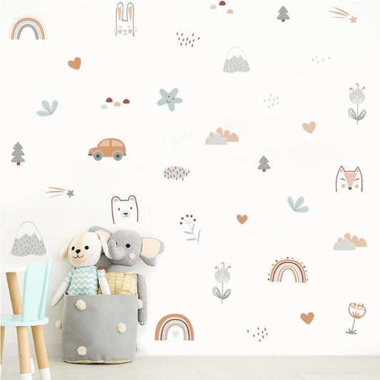 Cartoon Rainbow Animals and Stars Watercolour Wall Decals