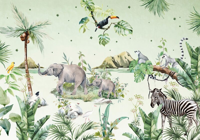 watercolour tropical jungle animals nursery mural