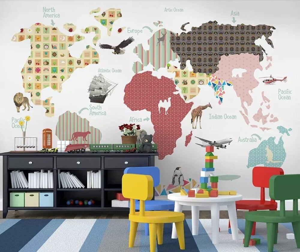 children's map of the world mural wallpaper