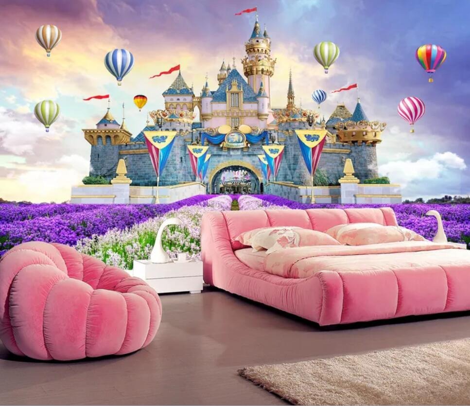 pink princess fairyland castle mural wallpaper