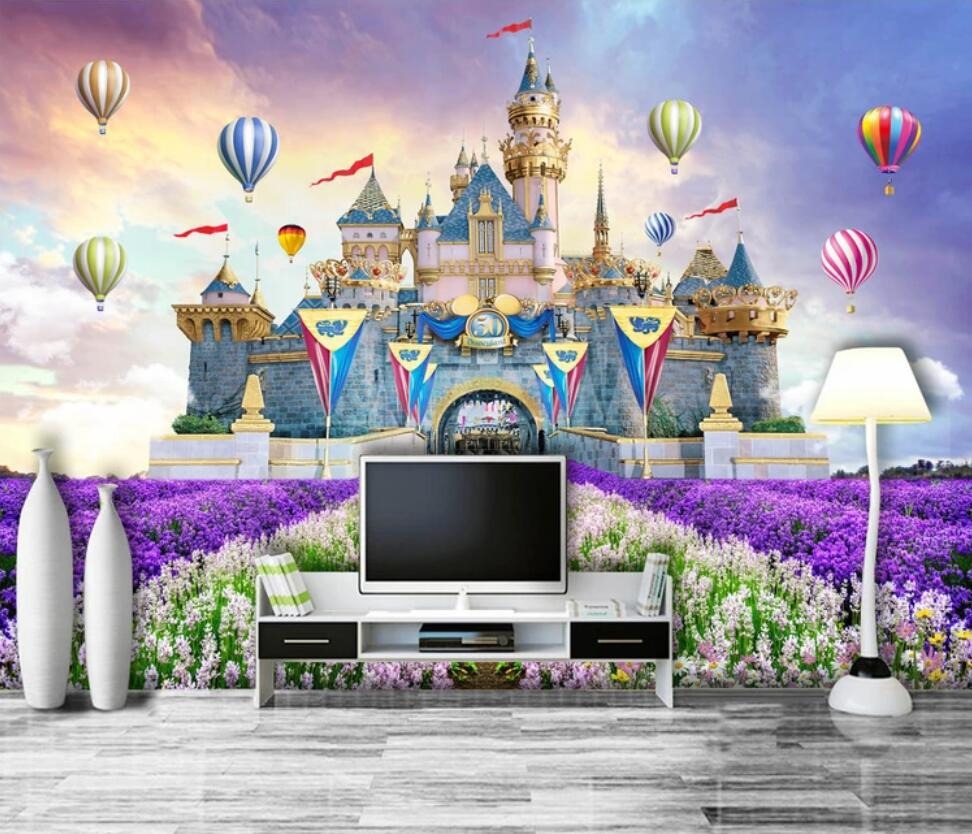 pink princess fairyland castle mural wallpaper