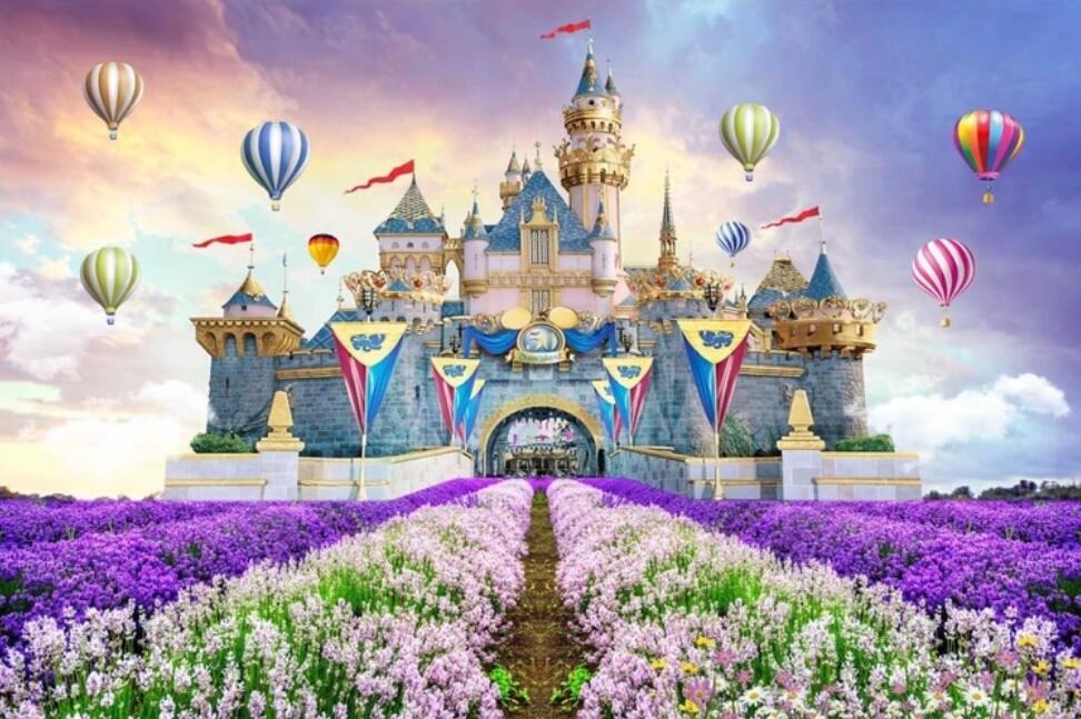 pink princess fairyland castle mural wallpaper