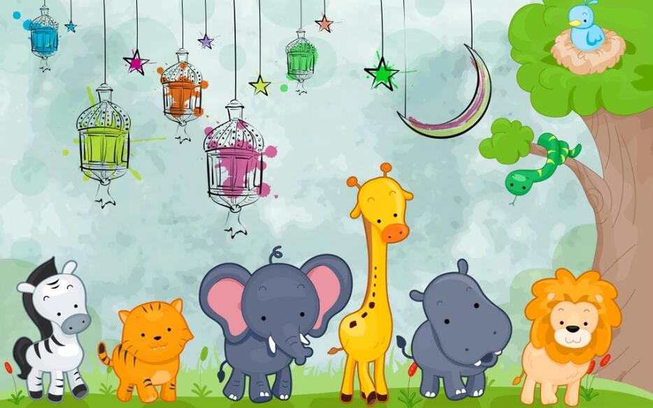 cartoon zoo animals mural wallpaper