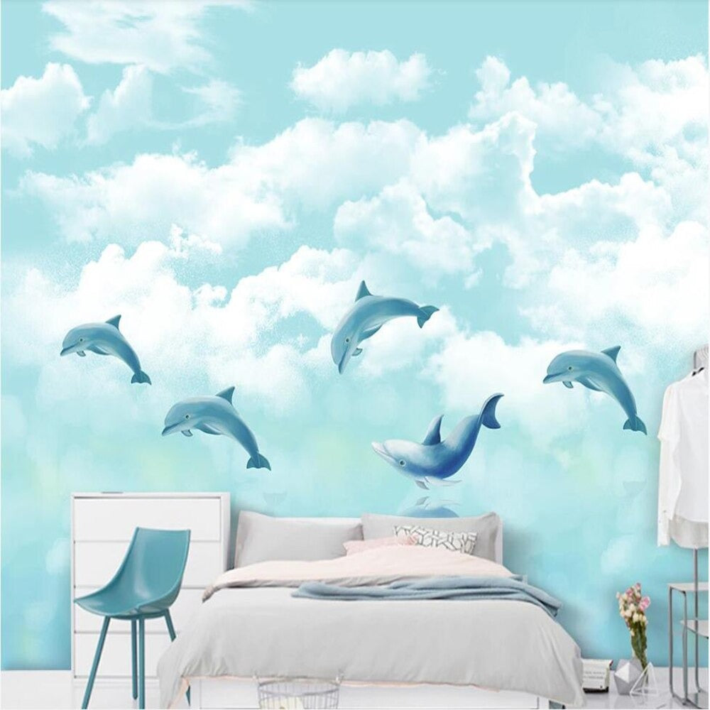 blue dolphins in the clouds mural wallpaper