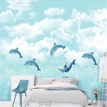 Blue Dolphins In The Clouds Mural Wallpaper