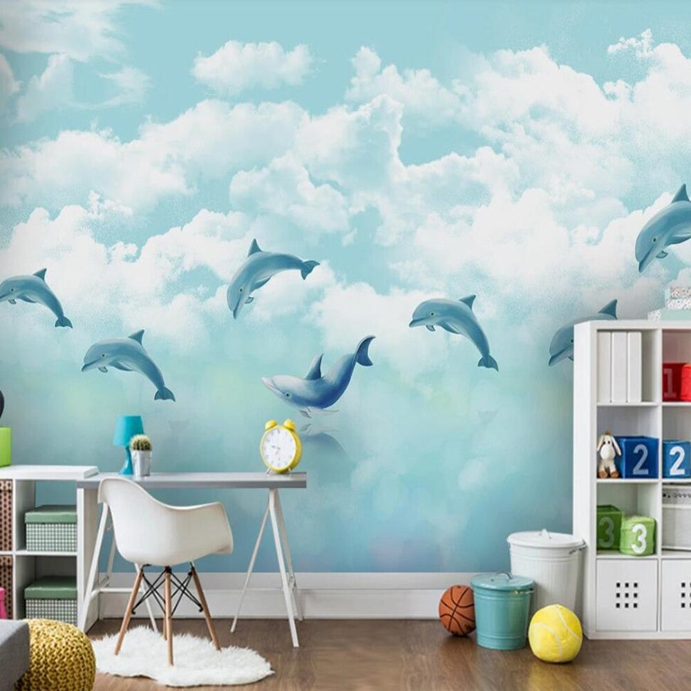 blue dolphins in the clouds mural wallpaper