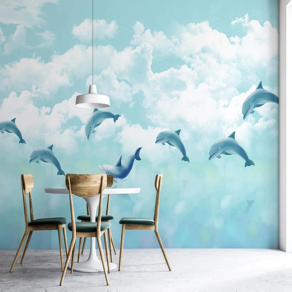 blue dolphins in the clouds mural wallpaper