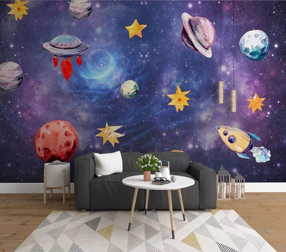 outer galactic space and planet themed mural wallpaper