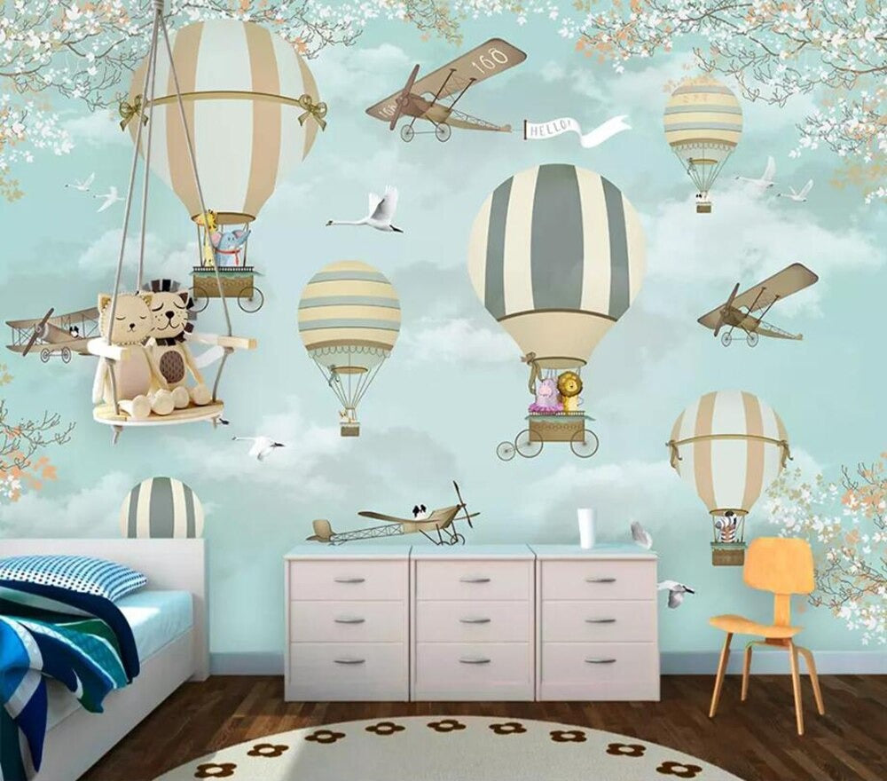 blue cartoon plane hot air balloon mural wallpaper