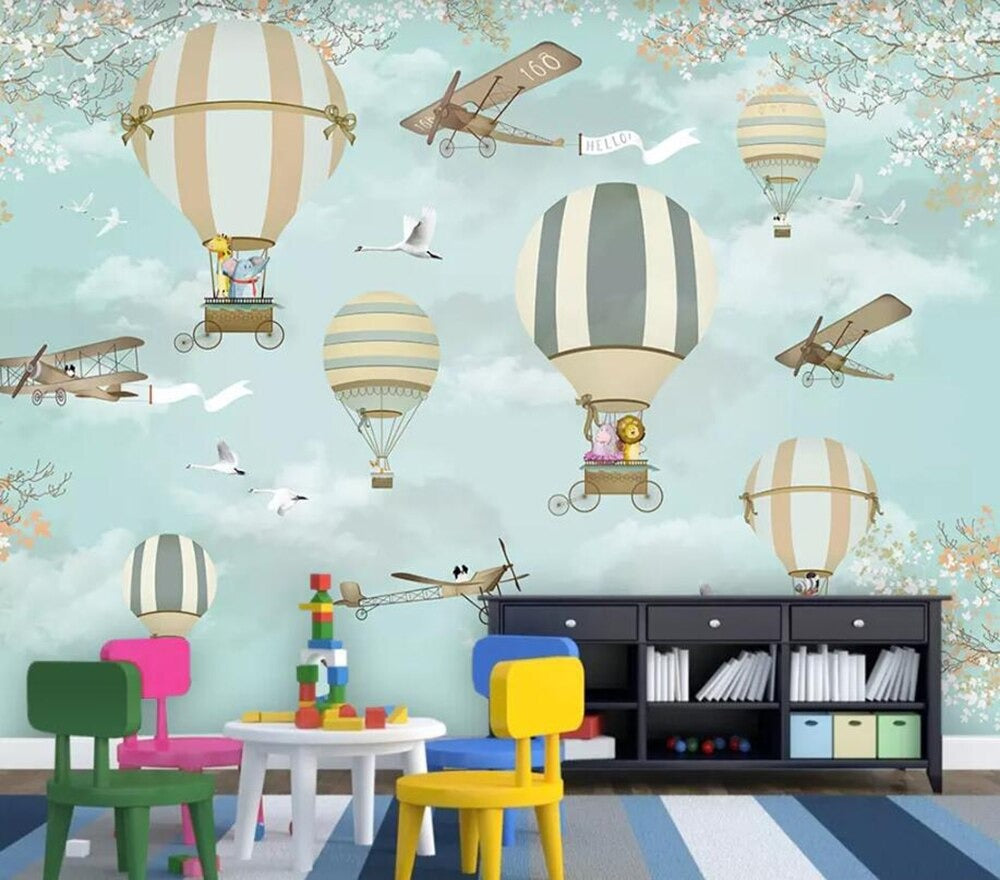 blue cartoon plane hot air balloon mural wallpaper