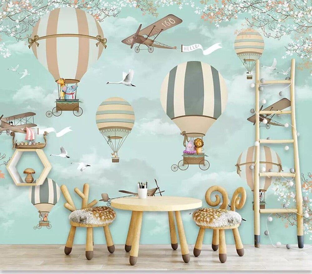 blue cartoon plane hot air balloon mural wallpaper