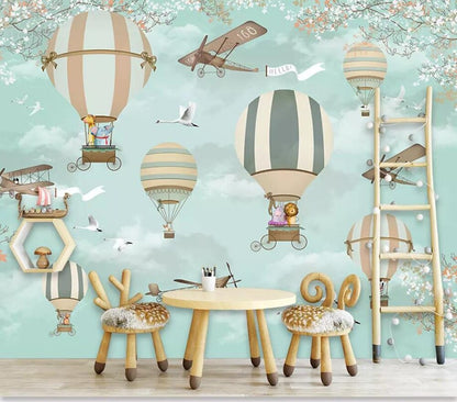 Blue Cartoon Plane Hot Air Balloon Mural Wallpaper