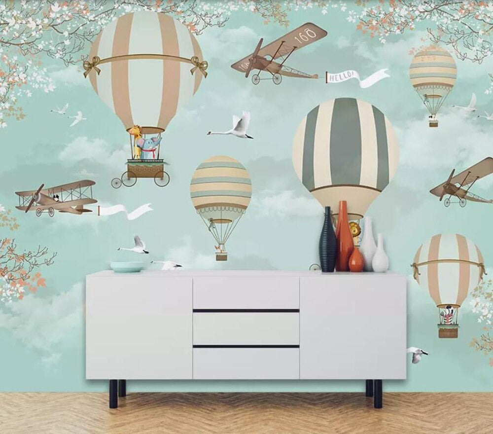 blue cartoon plane hot air balloon mural wallpaper