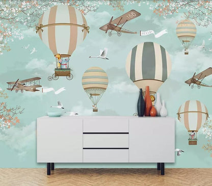 Blue Cartoon Plane Hot Air Balloon Mural Wallpaper