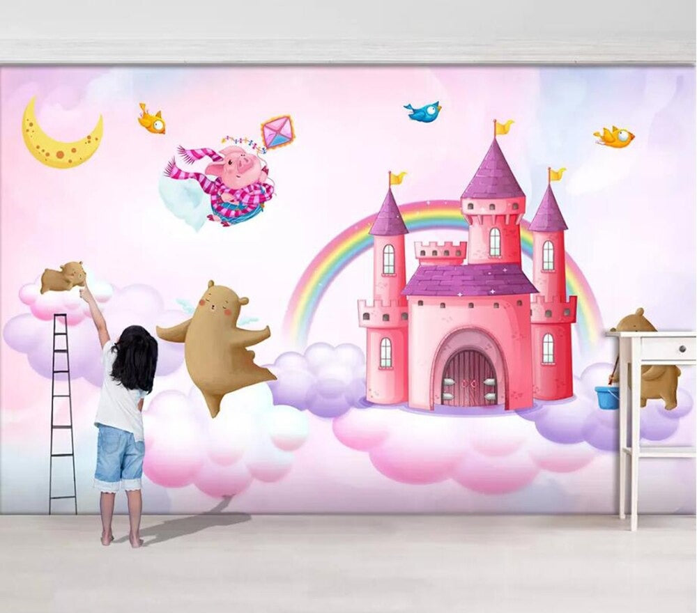 pink rainbow princess castle mural wallpaper