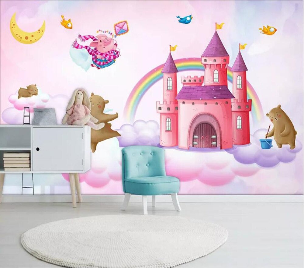 pink rainbow princess castle mural wallpaper