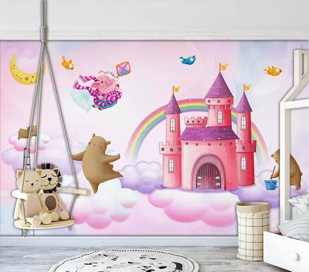 pink rainbow princess castle mural wallpaper