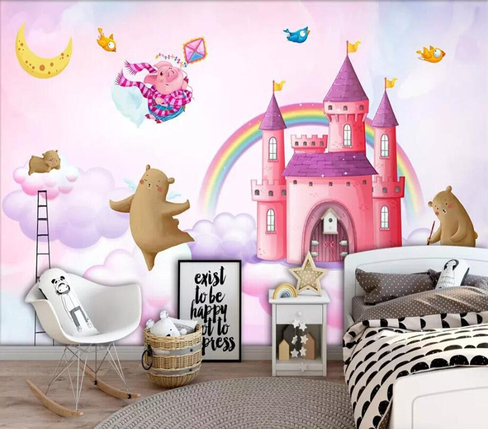 pink rainbow princess castle mural wallpaper