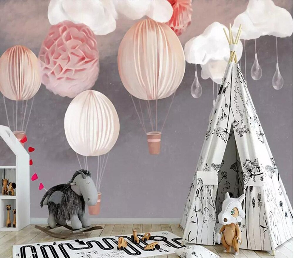 pink and grey nordic style hot air balloon mural wallpaper