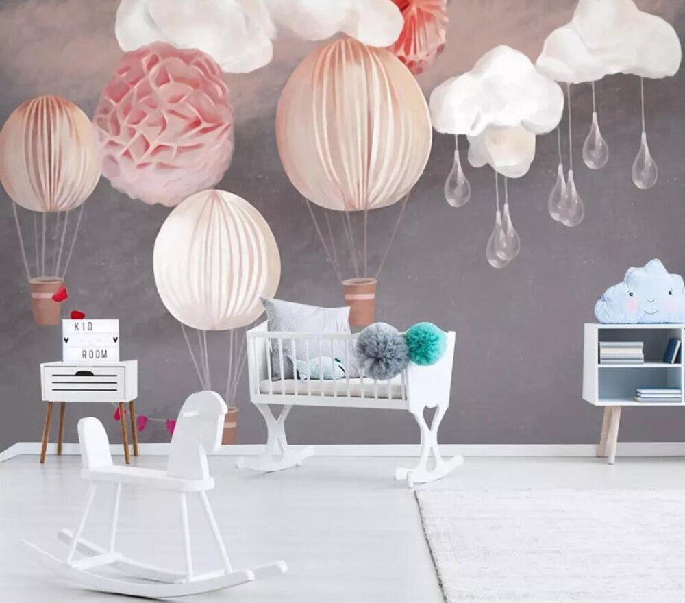 pink and grey nordic style hot air balloon mural wallpaper