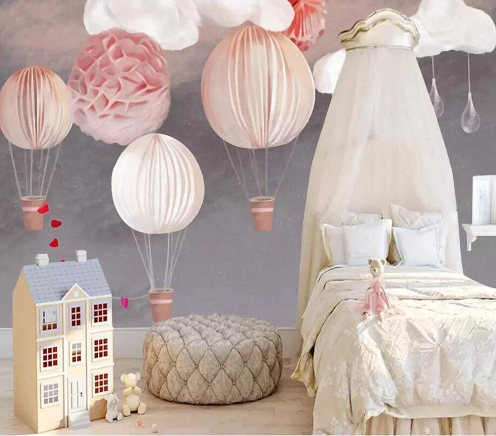 pink and grey nordic style hot air balloon mural wallpaper