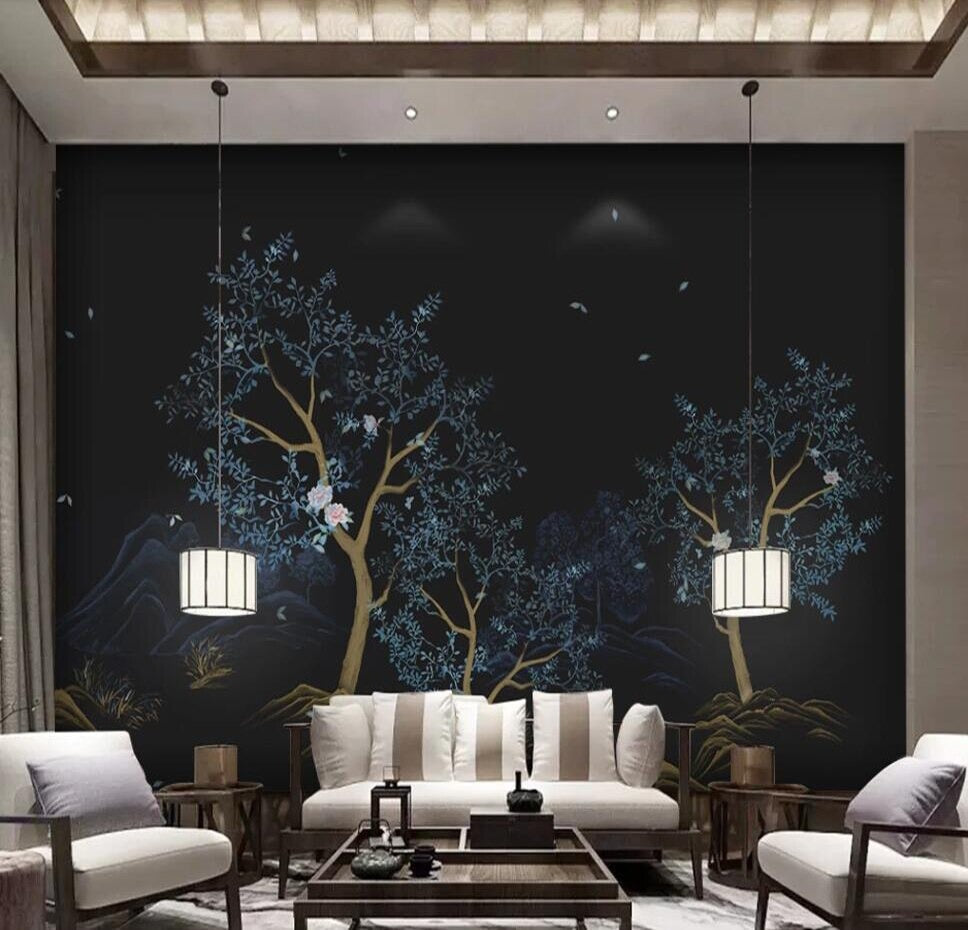 twilight night illuminated blue sky floral woodland mural