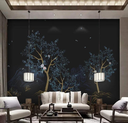 Twilight Night Illuminated Blue Sky Floral Woodland Mural